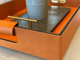 Luxury serving tray - Cooper Leather Tray with premium leather and hand-stitched handles for sophisticated entertaining with inlaid trays