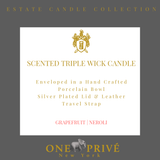 Discover the Grapefruit Neroli Perfumed Estate Candle from One Preevay. Handcrafted with premium essential oils and soy wax, it features a porcelain bowl with a silver-plated lid and leather strap. Enjoy the aromatic fusion of grapefruit and neroli. Order now to elevate your ambiance.....