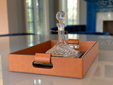 Luxury serving tray - Cooper Leather Tray with premium leather and hand-stitched handles for sophisticated entertaining with Decanter