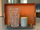 Luxury serving tray - Cooper Leather Tray with premium leather and hand-stitched handles for sophisticated entertaining with Vases and food