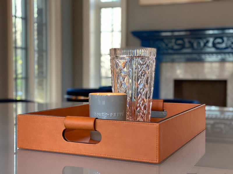 Luxury serving tray - Cooper Leather Tray with premium leather and hand-stitched handles for sophisticated entertaining at home 