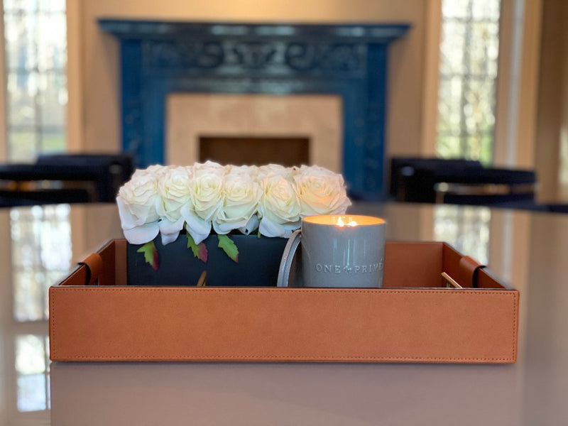 Luxury serving tray - Cooper Leather Tray with premium leather and hand-stitched handles for sophisticated entertaining on weekends 