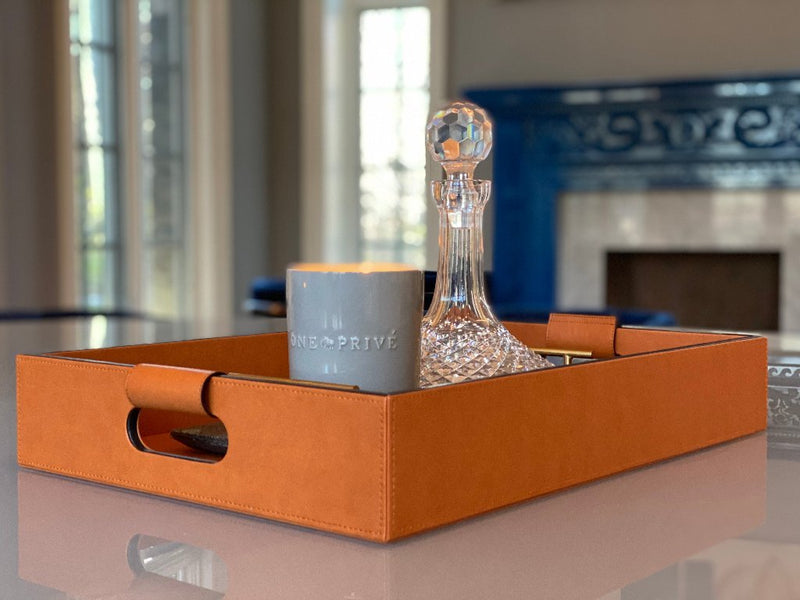 Luxury serving tray - Cooper Leather Tray with premium leather and hand-stitched handles for sophisticated entertaining with crystal 