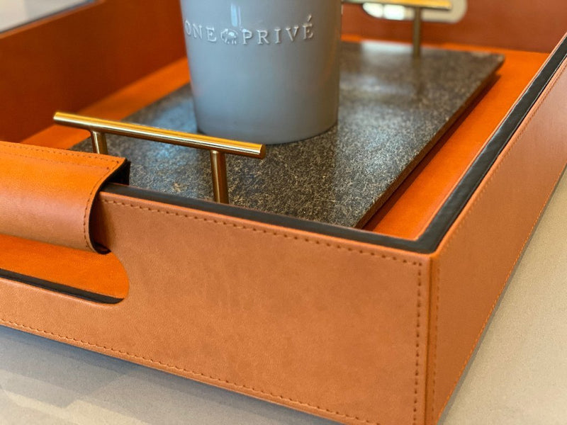 Luxury serving tray - Cooper Leather Tray with premium leather and hand-stitched handles for sophisticated entertaining with inlaid trays