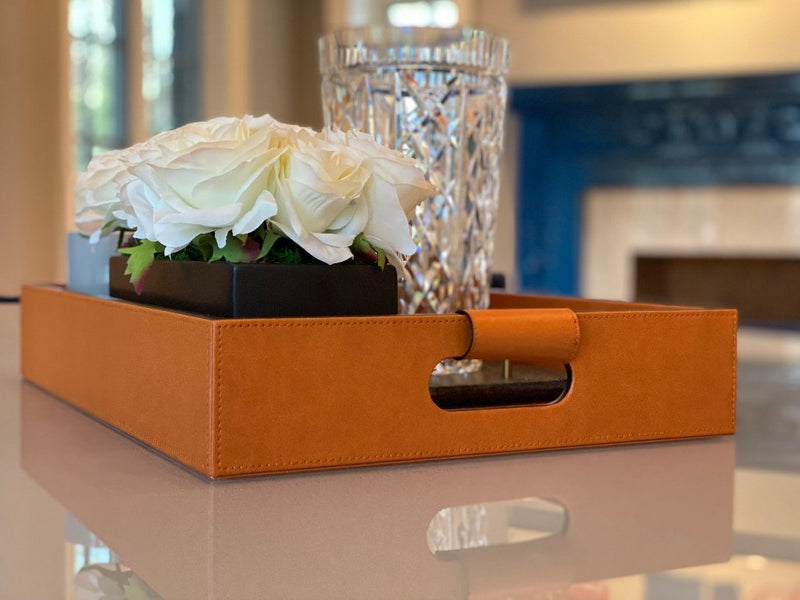 Luxury serving tray - Cooper Leather Tray with premium leather and hand-stitched handles for sophisticated entertaining with broad functionality