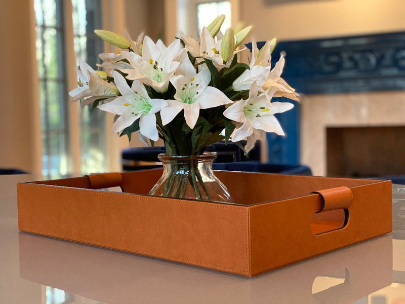 Luxury serving tray - Cooper Leather Tray with premium leather and hand-stitched handles for sophisticated entertaining on Sundays 