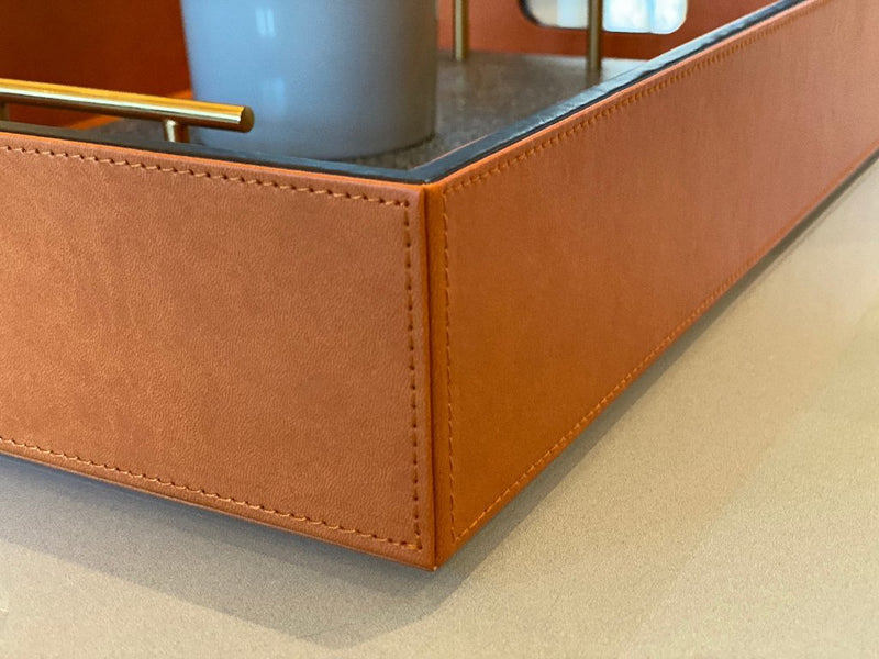 Luxury serving tray - Cooper Leather Tray with premium leather and hand-stitched handles for sophisticated entertaining high class 