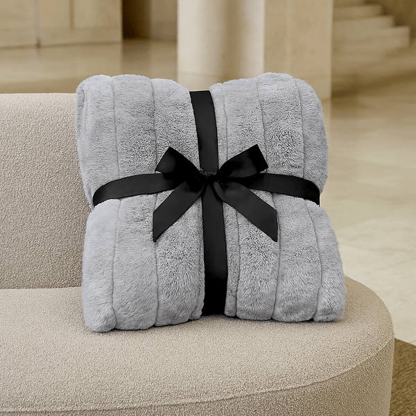 Gray Ribbed Faux Rabbit and Velvet Blanket - Connecticut Crafted - One Preevay Sofa 