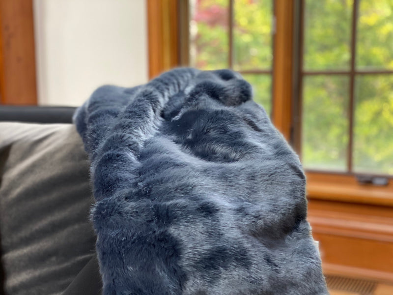 "Indulge in timeless luxury with One Preevay's Breakfast at Tiffany's Inspired Sable Faux Fur Throw. Ultra-soft, 950gsm, midnight blue, 50x60". Tribute to Audrey Hepburn's iconic style, hypoallergenic, durable and beautiful...