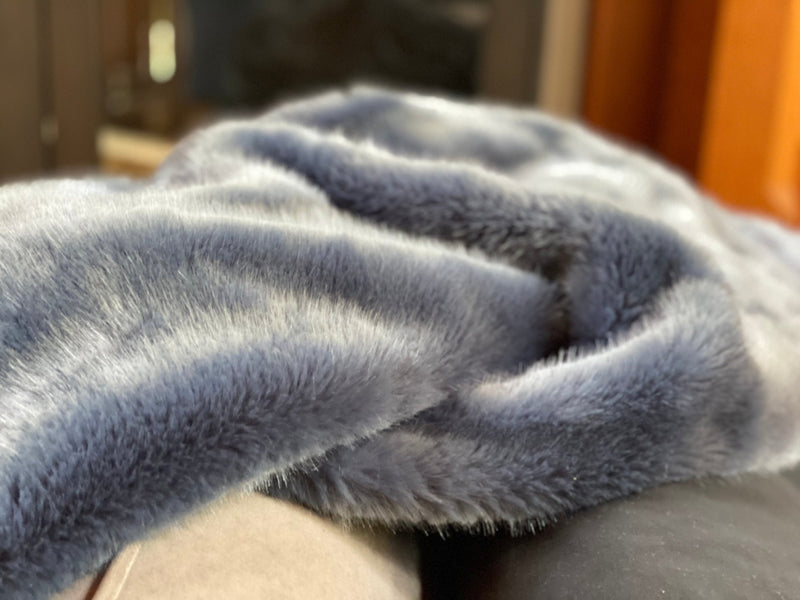 "Indulge in timeless luxury with One Preevay's Breakfast at Tiffany's Inspired Sable Faux Fur Throw. Ultra-soft, 950gsm, midnight blue, 50x60". Tribute to Audrey Hepburn's iconic style, hypoallergenic, durable & cruelty-free. 
