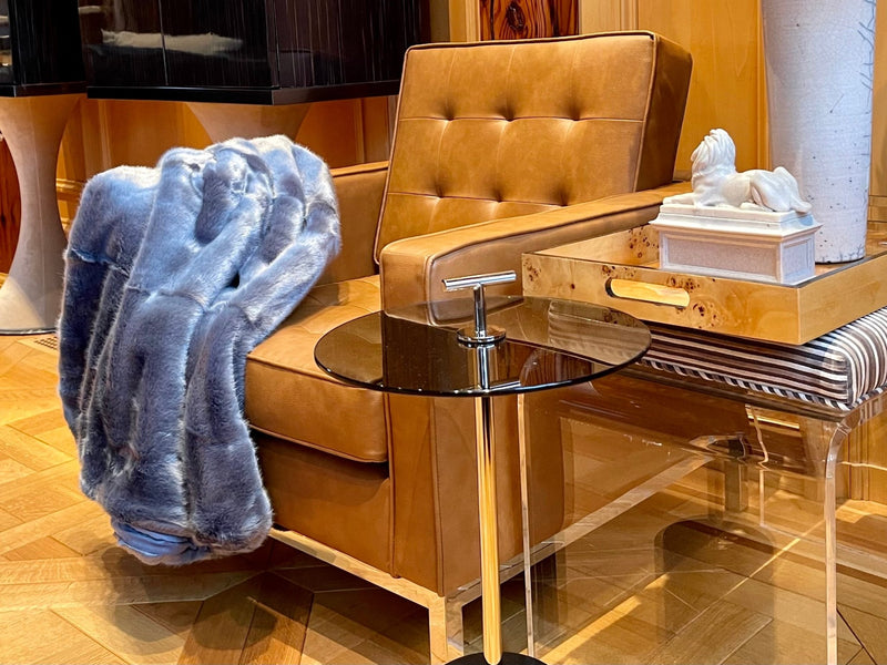 "Indulge in timeless luxury with One Preevay's Breakfast at Tiffany's Inspired Sable Faux Fur Throw. Ultra-soft, 950gsm, midnight blue, 50x60". Tribute to Audrey Hepburn's iconic style, hypoallergenic, durable & cruelty-free. Luxury home decor at its finest." With One Preevay
