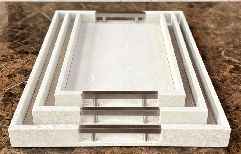 One Preevay Luxury Home Furnishings &amp; Decor, The Perfect Blend of Style and Serenity.

Unlock Exclusive Savings! Get 25% off when you bundle ALL Three Sizes of the Thursby Shagreen Hotel Tray Together. A $377.00 value for just $282 | Plus Free Shipping!

Thursby Luxury Shagreen Serving Tray | Exotic Embossed Leather Nickel Hardware;

17" x 10" (Perfect for small gatherings and intimate settings)
20" x 13" (Ideal for larger gatherings and special occasions)
23" x 15" (Show-stopping 