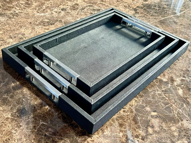 The ONYX Shagreen Serving Tray | Exotic Embossed Leather and Nickel Handles | Black  Elevate Your Entertaining Experience  Indulge in the luxury of the ONYX Shagreen Serving Tray....