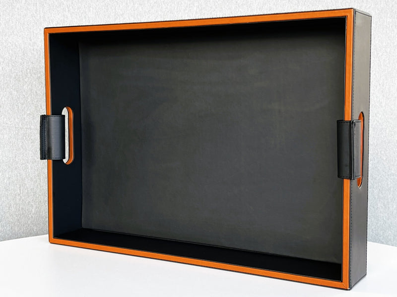 Luxury serving tray - Cooper Black Leather Tray with premium leather and hand-stitched handles for sophisticated entertaining 3 Inch Deep upright 