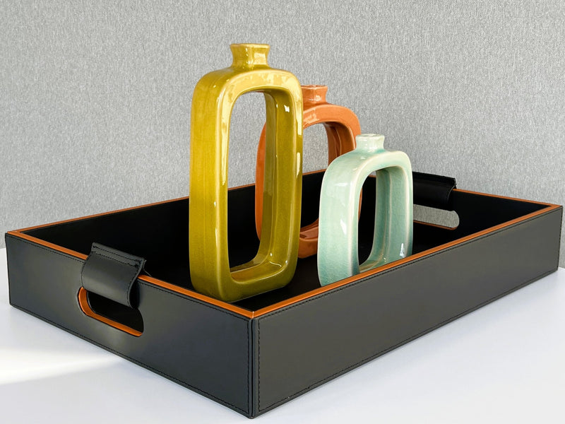 Luxury serving tray - Cooper Black Leather Tray with premium leather and hand-stitched handles for sophisticated entertaining 3 Inch Deep 