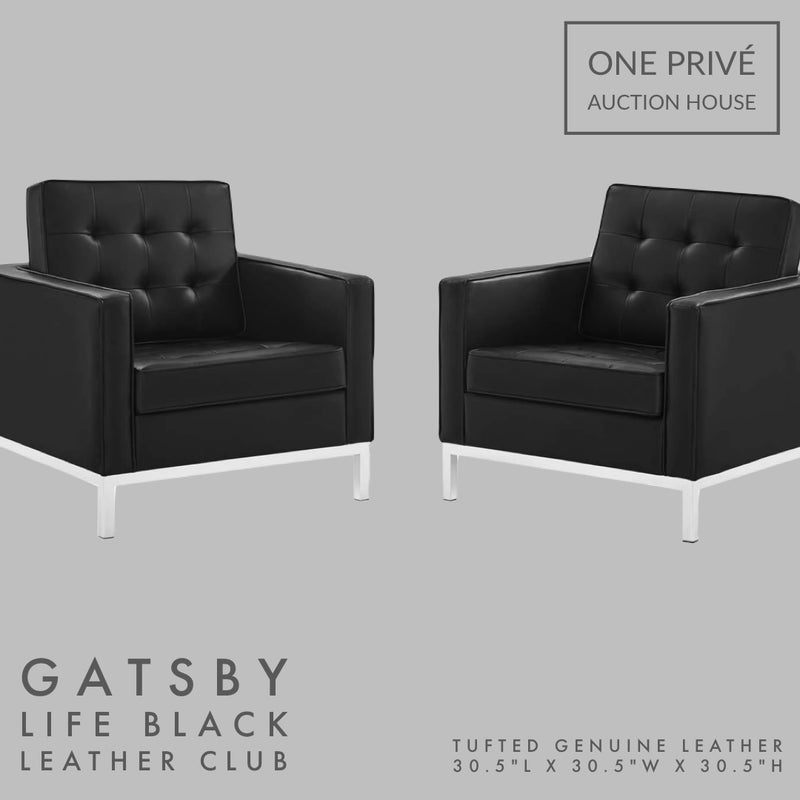 Black Tufted Leather Club Chair | Single Seater Mid-Century Modern