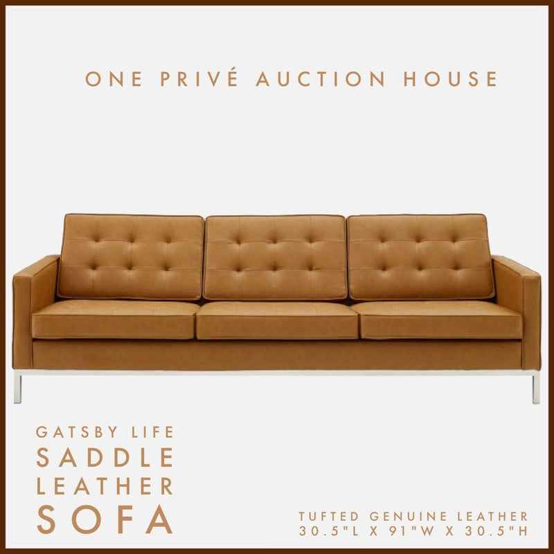 Saddle Tufted Leather Sofa | Three Seater | 91 Inches | Mid-Century Modern