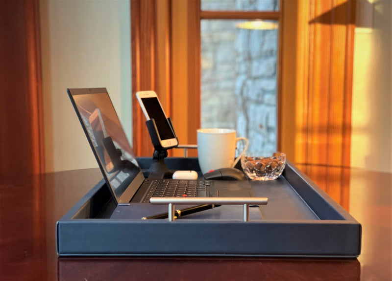 ASAP-Now - Upgrade your remote work setup with the Porsche-Style Navy Leather Professional Portable Work Station. Luxurious and ergonomic, it offers dual access ports and a plush leather finish. Perfect for home offices and travel. Available now for you to buy for the person in your life. 