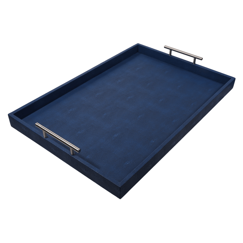 Discover the Canaan Shagreen Serving Tray from One Preevay—a luxurious tray crafted with sea blue exotic embossed leather and nickel hardware. Available in three sizes: 17"x10", 20"x13", and 23"x15". Elevate your entertaining experience with sophistication and style. Order for the gifts you need 