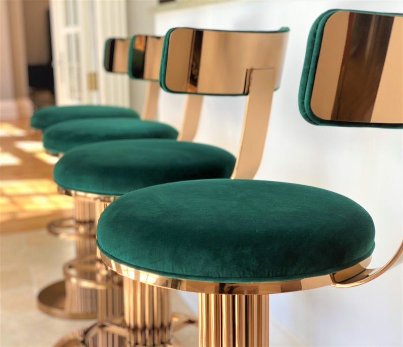 Atlas luxury Art Deco bar stool with custom bronze finish and premium velvet upholstery, showing Chrysler Building inspired design details.......