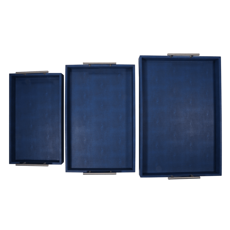 Discover the Canaan Shagreen Serving Tray from One Preevay—a luxurious tray crafted with sea blue exotic embossed leather and nickel hardware. Available in three sizes: 17"x10", 20"x13", and 23"x15". Elevate your entertaining experience with three
