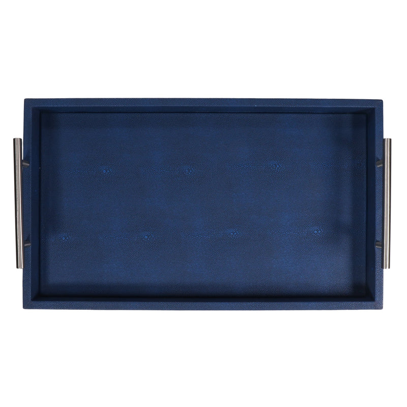 Discover the Canaan Shagreen Serving Tray from One Preevay—a luxurious tray crafted with sea blue exotic embossed leather and nickel hardware. Available in three sizes: 17"x10", 20"x13", and 23"x15". Elevate your entertaining experience with sophistication and style. Beautiful
