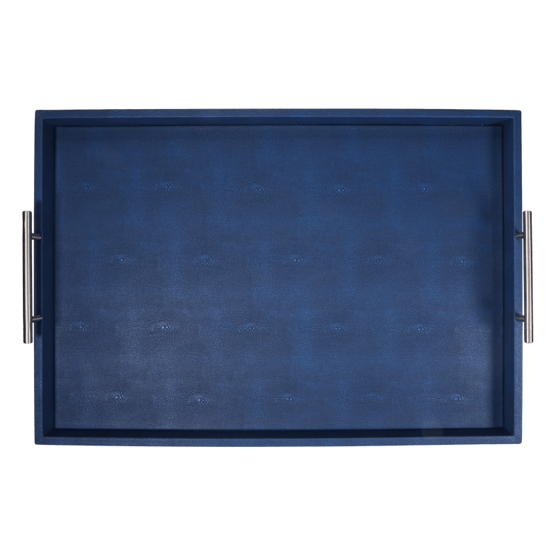 Discover the Canaan Shagreen Serving Tray from One Preevay—a luxurious tray crafted with sea blue exotic embossed leather and nickel hardware. Available in three sizes: 17"x10", 20"x13", and 23"x15". Elevate your entertaining experience with sophistication and style. Order now your CC
