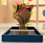 Discover the Canaan Shagreen Serving Tray from One Preevay—a luxurious tray crafted with sea blue exotic embossed leather and nickel hardware. Available in three sizes: 17"x10", 20"x13", and 23"x15". 
