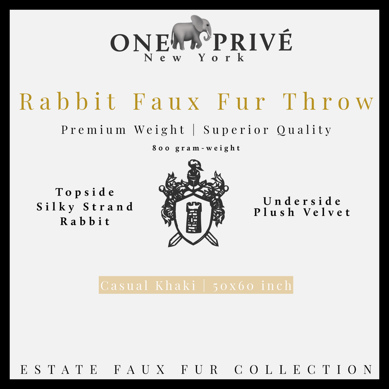 Experience luxury  ONE Preevay's Rabbit Faux Fur Throw. Inspired by Fernando Botero, crafted from Ultra Premium Rabbit Faux Fur. 800 gsm, 50x60in Casual Khaki. Hypoallergenic and elegant.
