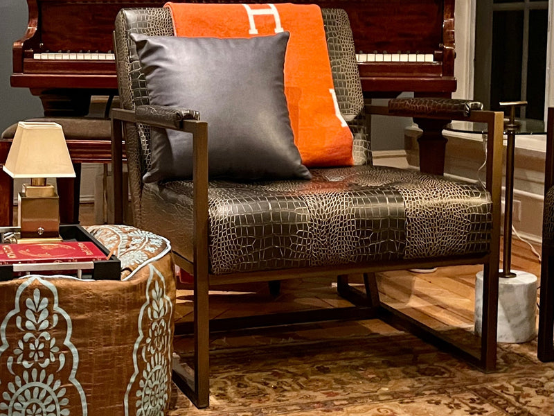 St. Charles Club Seating | Bronze Brushed Contemporary Frame | Embossed Brown Leather