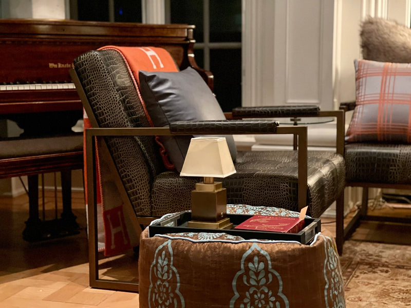 St. Charles Club Seating | Bronze Brushed Contemporary Frame | Embossed Brown Leather