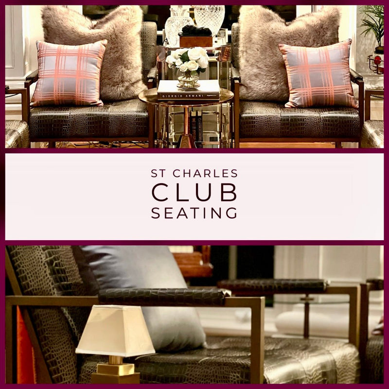 St. Charles Club Seating | Bronze Brushed Contemporary Frame | Embossed Brown Leather