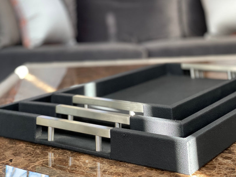 Luxurious ONYX Shagreen Hotel Tray with inlaid nickel handles and embossed finish"
