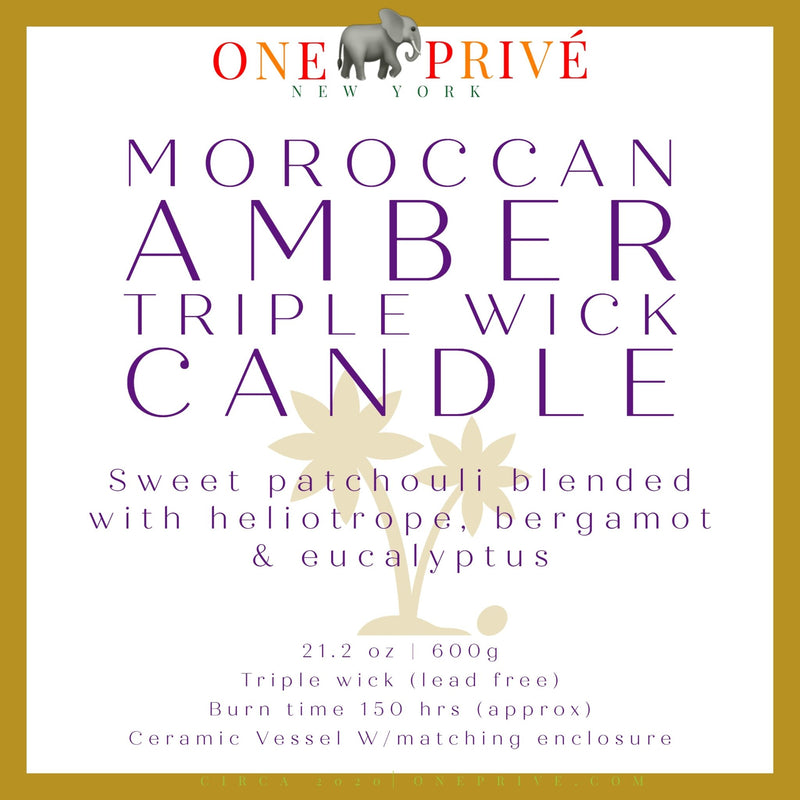 Discover the Moroccan Amber Perfumed Estate Candle from One Preevay. Handcrafted with essential oils and soy wax, this 21.2 oz candle features a triple wick and pale gray porcelain vessel