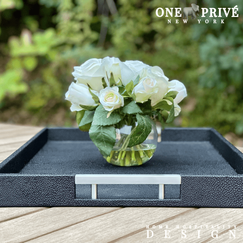 The ONYX Shagreen Serving Tray | Exotic Embossed Leather and Nickel Handles | Black  Elevate Your Entertaining Experience  Indulge in the luxury of the ONYX Shagreen Serving Tray