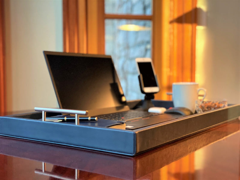 Upgrade your remote work setup with the Porsche-Style Navy Leather Professional Portable Work Station. Luxurious and ergonomic, it offers dual access ports and a plush leather finish. Perfect for home offices and travel. Available now. 
