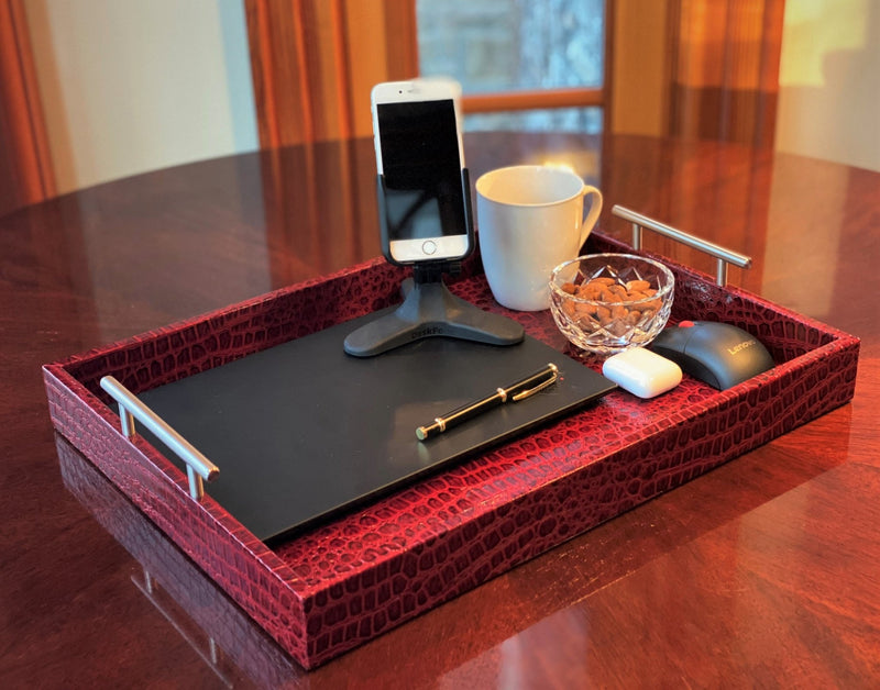 Upgrade your remote work setup with the Professional Portable Work Station in premium red embossed leather. Highly durable and lightweight, it features dual access ports for versatility. Available in three sizes. Order now for peak productivity always. 

