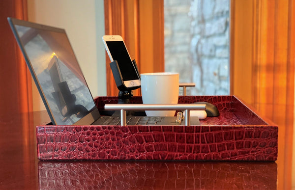 Upgrade your remote work setup with the Professional Portable Work Station in premium red embossed leather. Highly durable and lightweight, it features dual access ports for versatility. Available in three sizes. Order now for peak productivity..
